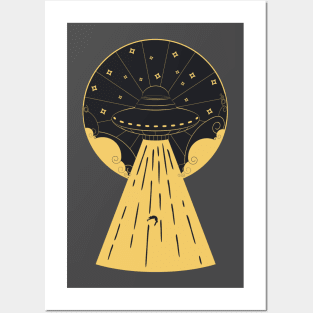 Retro design of flying ufo ship Posters and Art